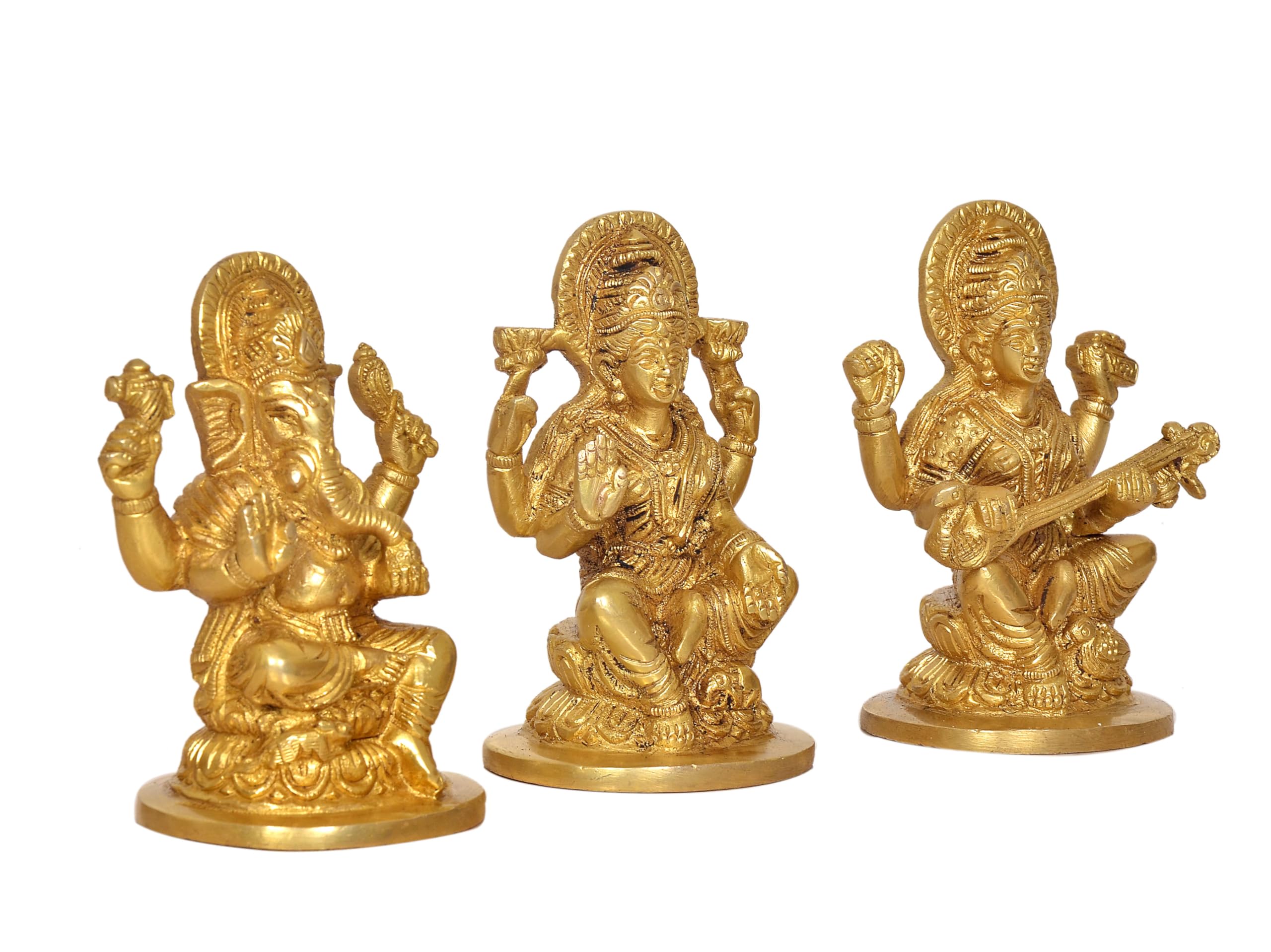 Aona Goddess Lakshmi Ganesha Saraswati Brass Idol Lakshmi Ganesh Murti For Diwali Pooja, Height 5 Inch